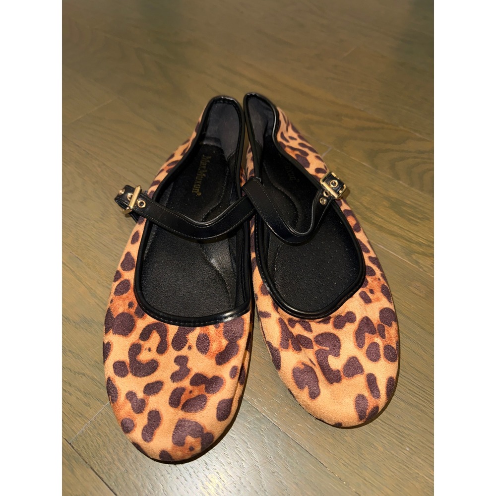 MaxMuxun Womens Leopard Print Mary Jane Flats Black Buckle Strap Shoes Size 10